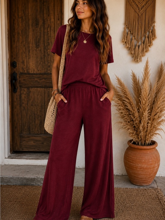 Zenana Outfitters Pants - Zenana DK Burgundy Wide-Leg Lounge Pant Set